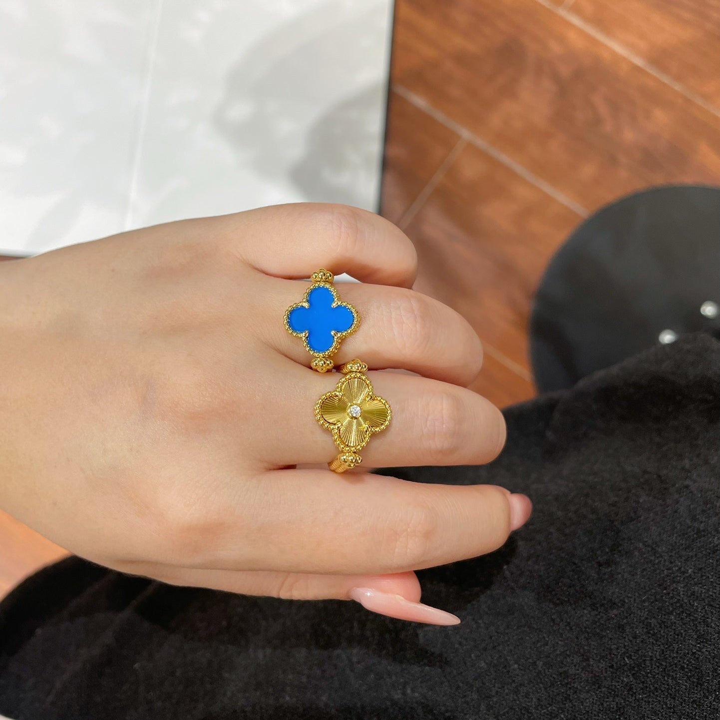 [Charm Aries Jewelry]CLOVER RIVERSIBLE BLUE AGATE RING