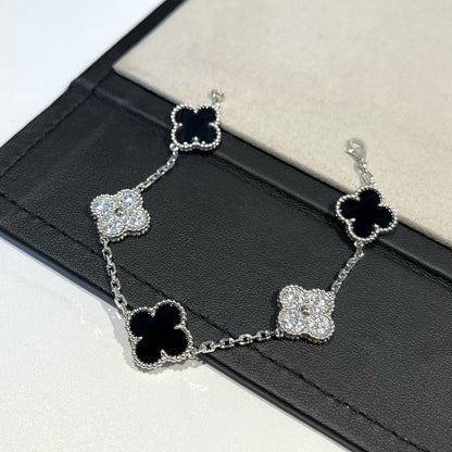 [Charm Aries Jewelry]CLOVER 5 MOTIF ONYXS DIAMOND BRACELET SILVER