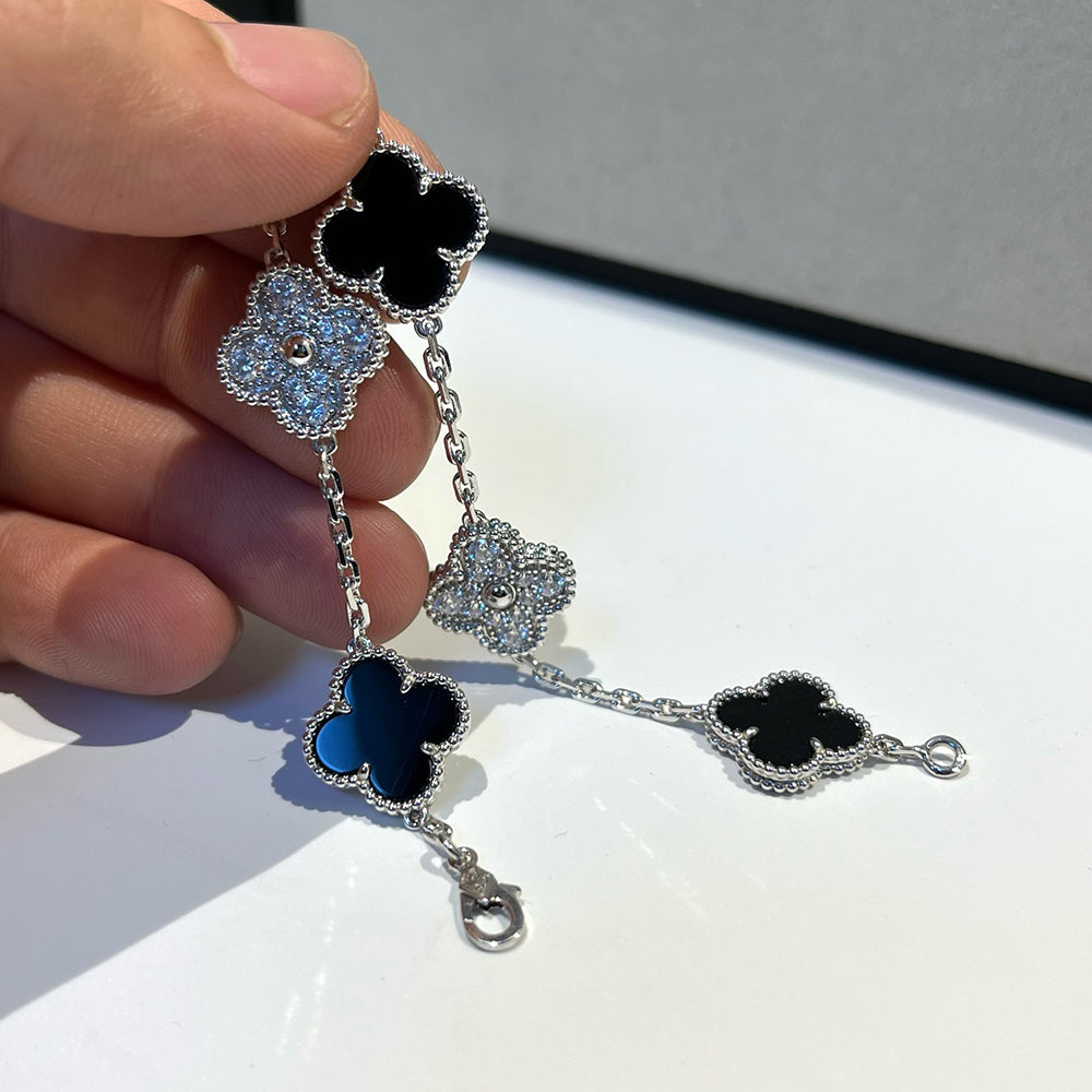 [Charm Aries Jewelry]CLOVER 5 MOTIF ONYXS DIAMOND BRACELET SILVER