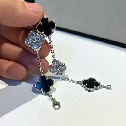 [Charm Aries Jewelry]CLOVER 5 MOTIF ONYXS DIAMOND BRACELET SILVER