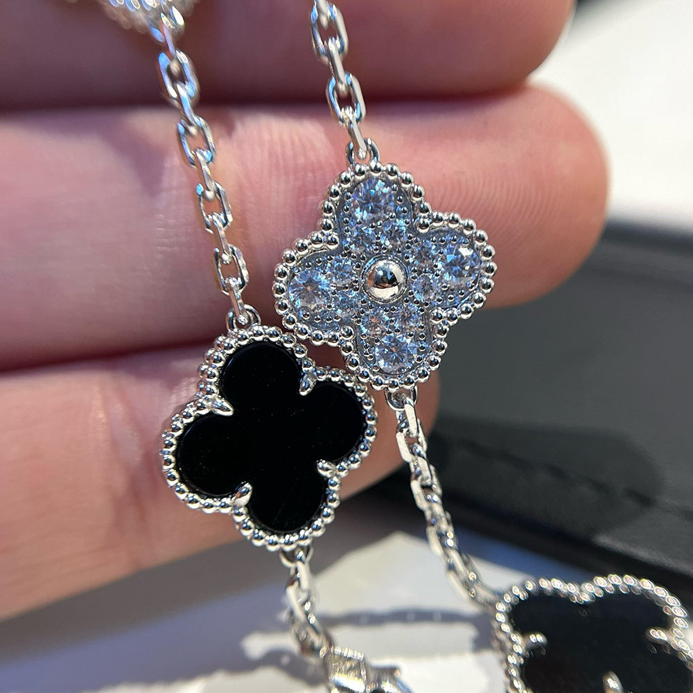 [Charm Aries Jewelry]CLOVER 5 MOTIF ONYXS DIAMOND BRACELET SILVER