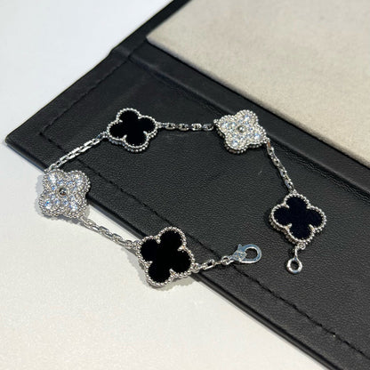 [Charm Aries Jewelry]CLOVER 5 MOTIF ONYXS DIAMOND BRACELET SILVER