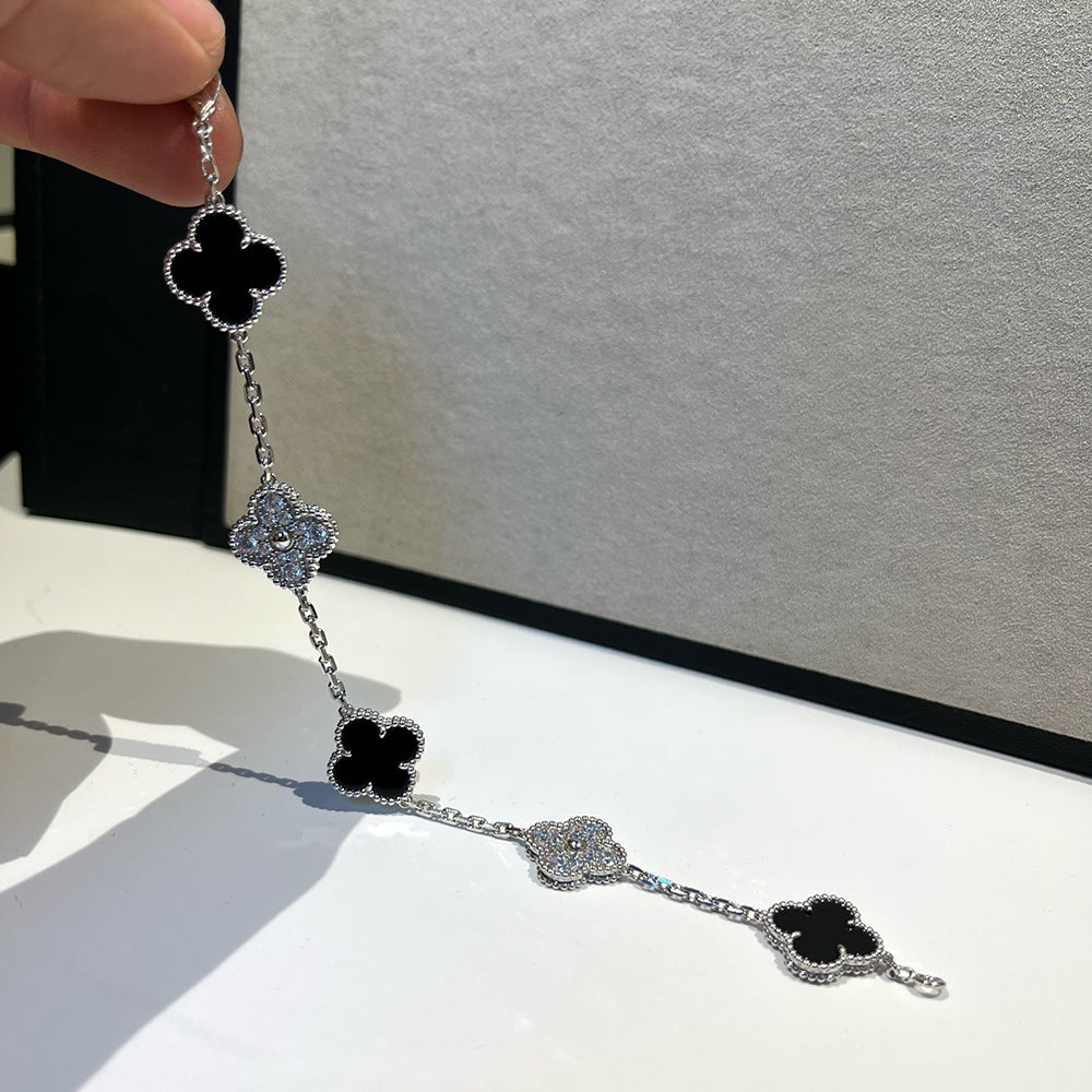 [Charm Aries Jewelry]CLOVER 5 MOTIF ONYXS DIAMOND BRACELET SILVER
