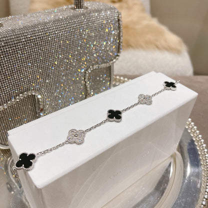 [Charm Aries Jewelry]CLOVER 5 MOTIF ONYXS DIAMOND BRACELET SILVER