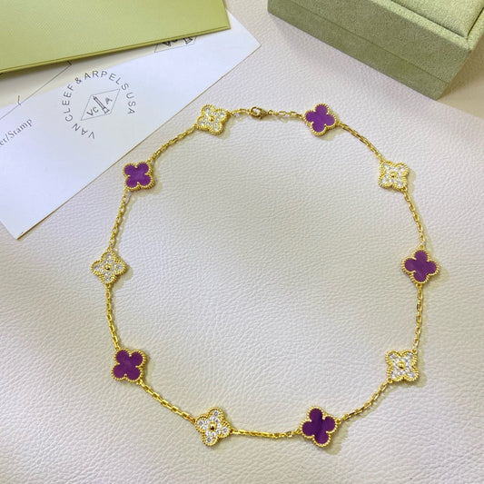 [Charm Aries Jewelry]CLOVER 10 MOTIFS  PURPLE VIOLET DIAMOND NECKLACE