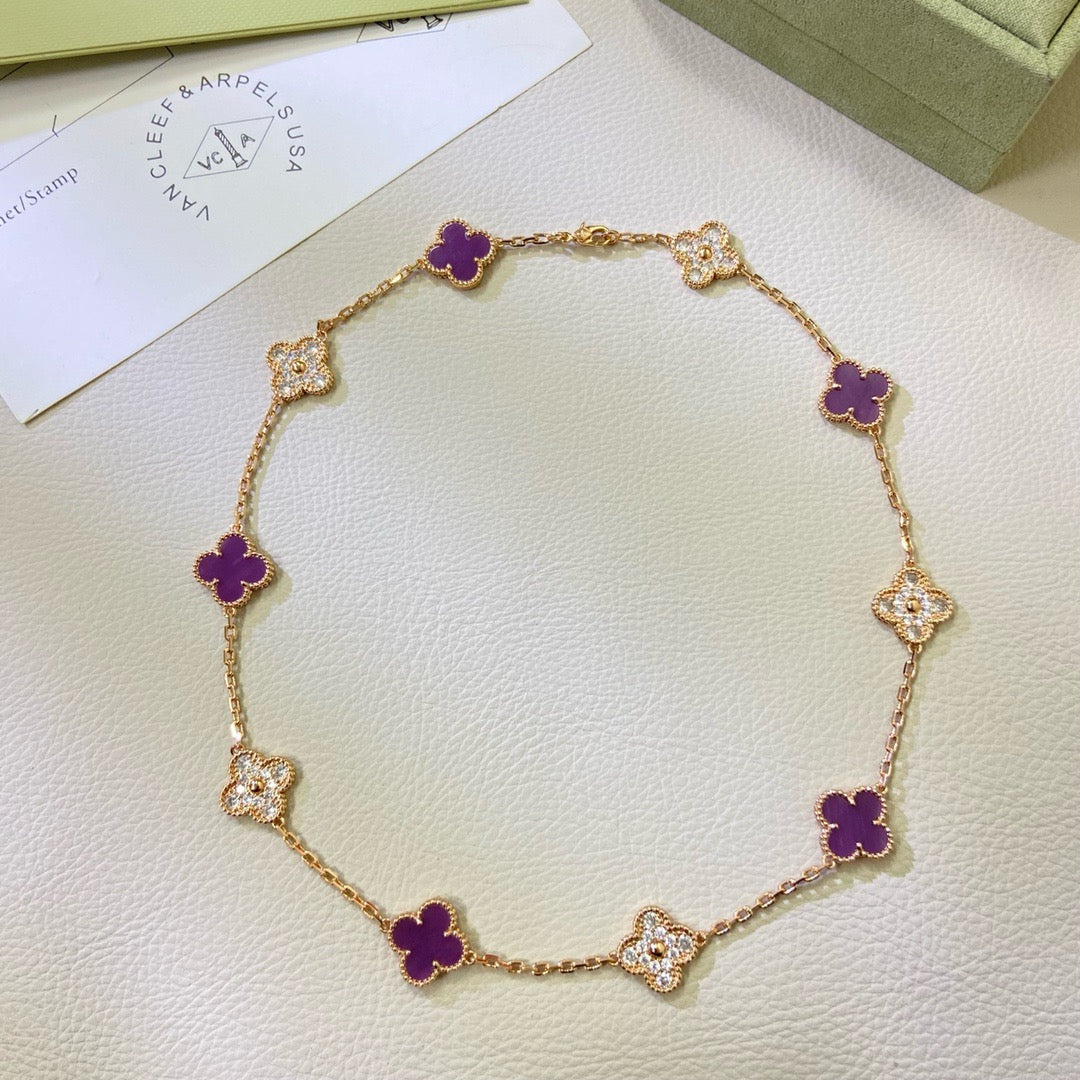 [Charm Aries Jewelry]CLOVER 10 MOTIFS  PURPLE VIOLET DIAMOND NECKLACE