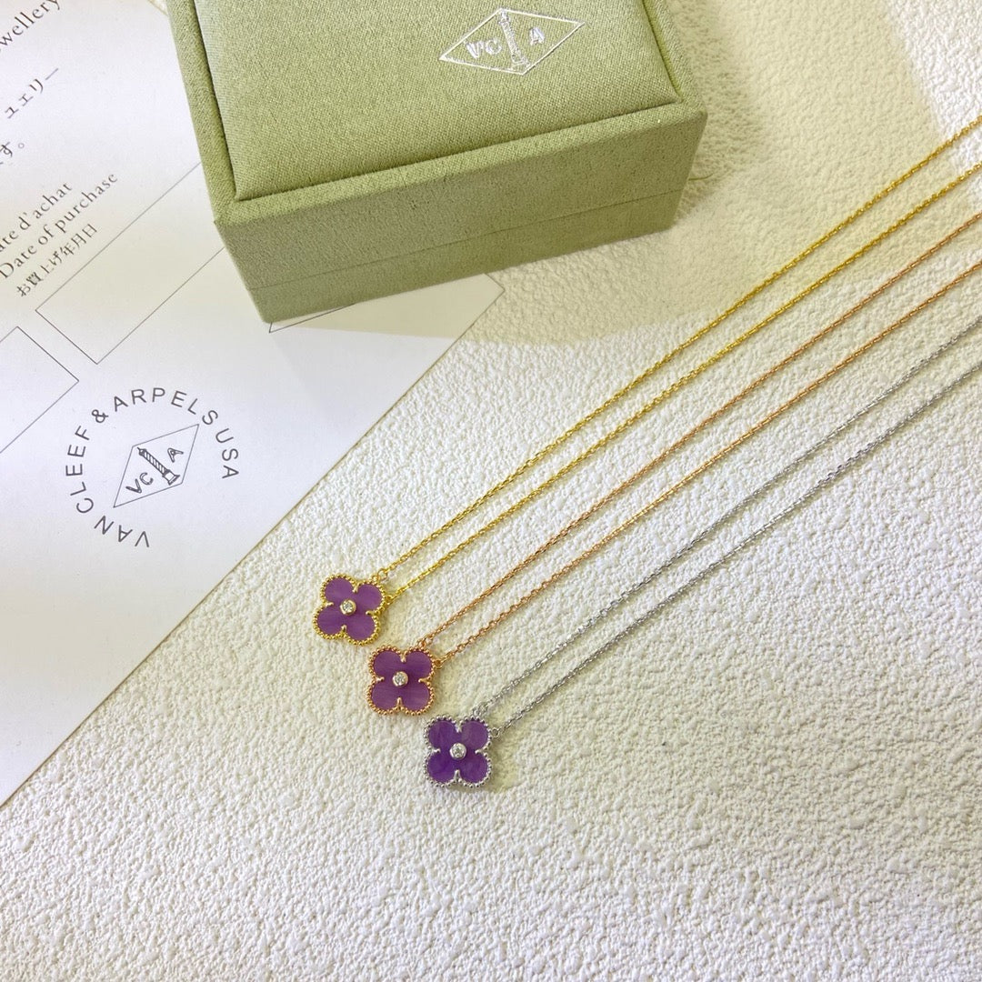 [Charm Aries Jewelry]CLOVER 15MM DIAMOND  PURPLE VIOLET NECKLACE