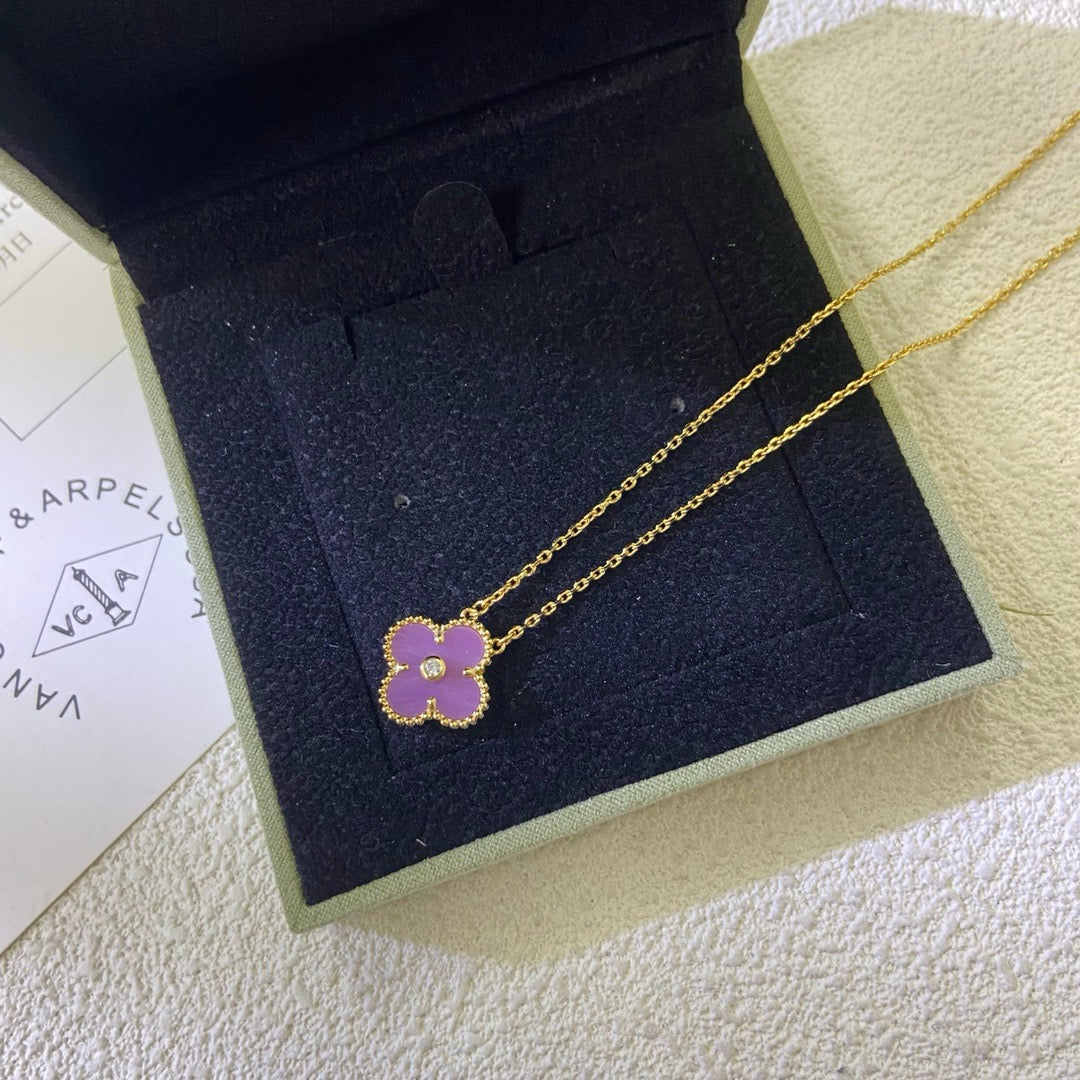 [Charm Aries Jewelry]CLOVER 15MM DIAMOND  PURPLE VIOLET NECKLACE