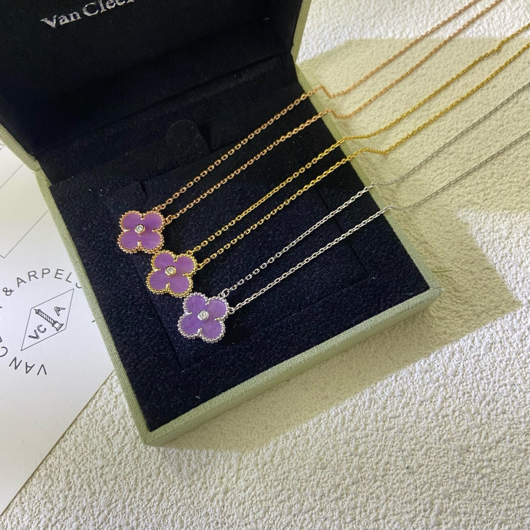 [Charm Aries Jewelry]CLOVER 15MM DIAMOND  PURPLE VIOLET NECKLACE