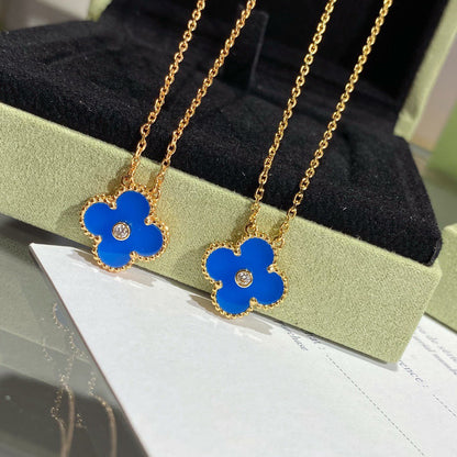 [Charm Aries Jewelry]CLOVER 15MM DIAMOND AND BLUE AGATE NECKLACE