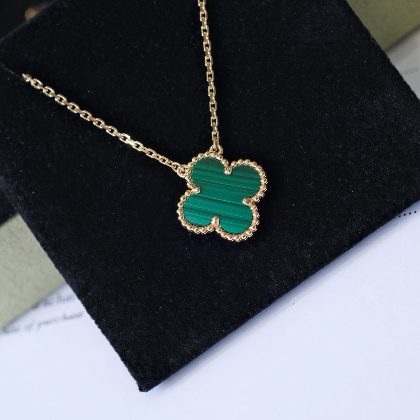 [Charm Aries Jewelry]CLOVER 15MM MALACHITE SINGLE FLOWER  NECKLACE
