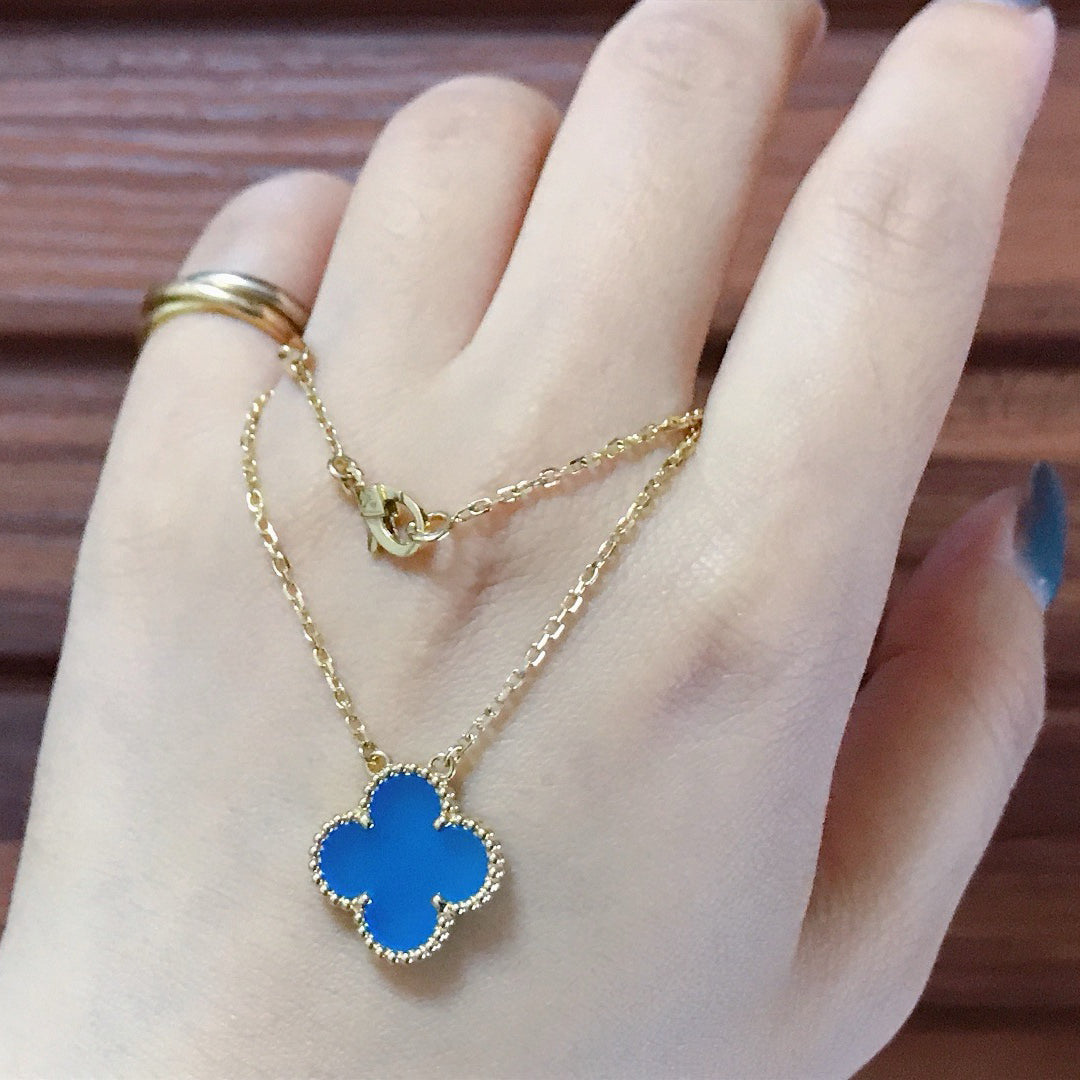 [Charm Aries Jewelry]CLOVER 15MM BLUE AGATE NECKLACE