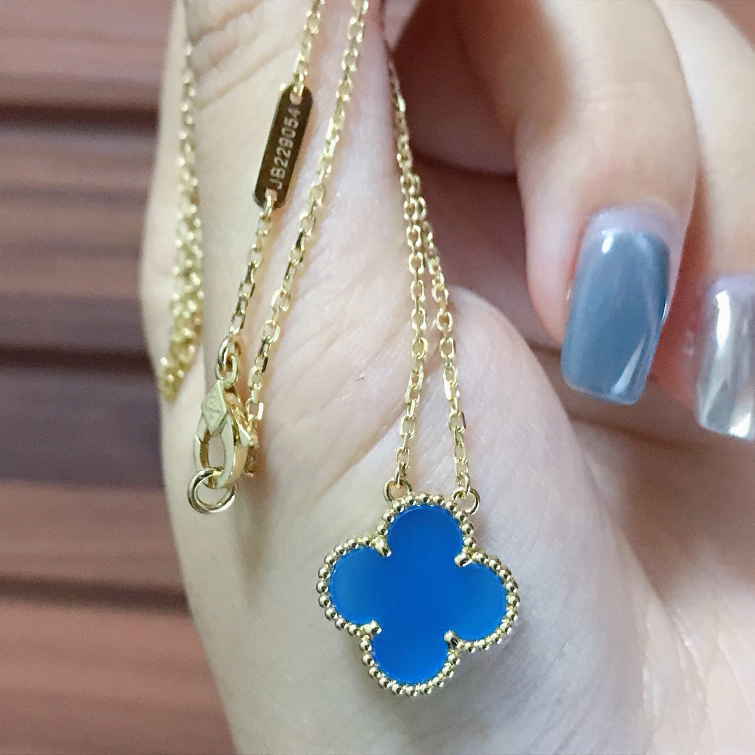 [Charm Aries Jewelry]CLOVER 15MM BLUE AGATE NECKLACE