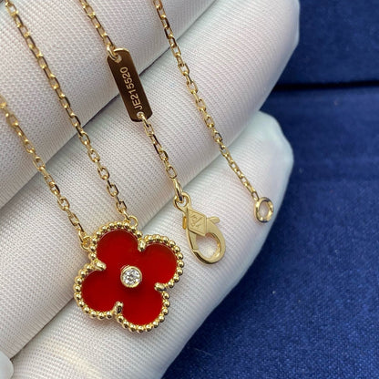 [Charm Aries Jewelry]CLOVER 15MM DIAMOND CARNELIAN NECKLACE