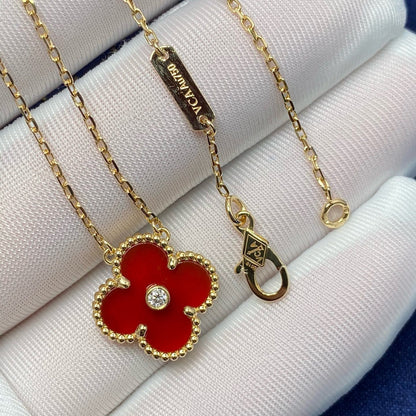 [Charm Aries Jewelry]CLOVER 15MM DIAMOND CARNELIAN NECKLACE
