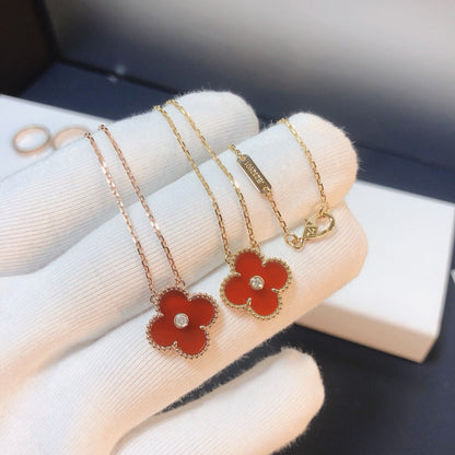 [Charm Aries Jewelry]CLOVER 15MM DIAMOND CARNELIAN NECKLACE