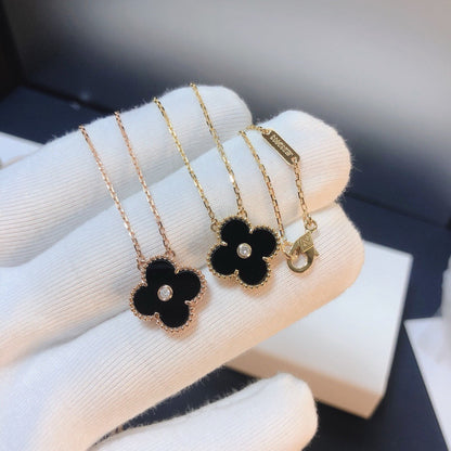 [Charm Aries Jewelry]CLOVER 15MM DIAMOND ONYX NECKLACE