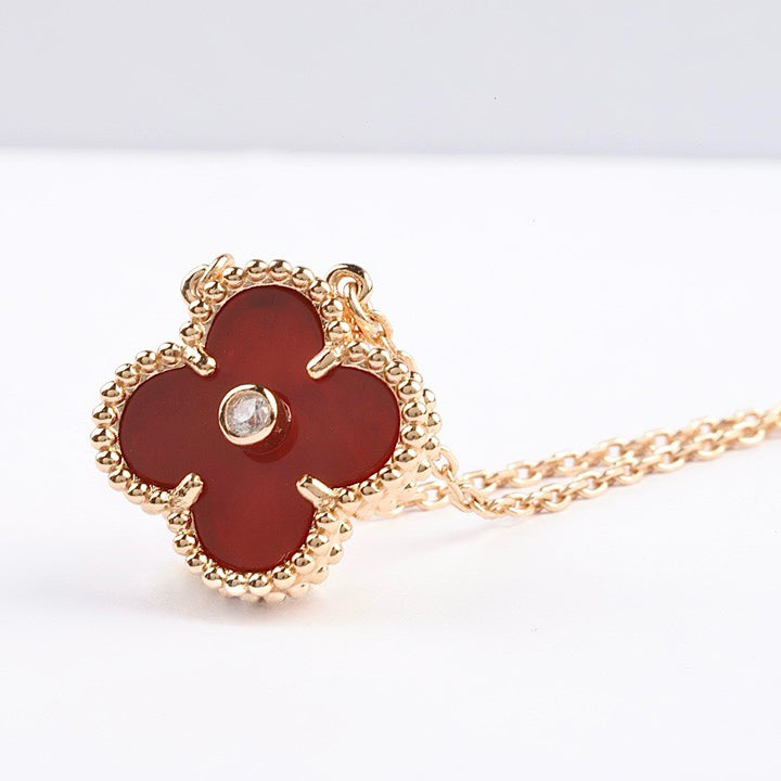 [Charm Aries Jewelry]CLOVER 15MM DIAMOND CARNELIAN NECKLACE