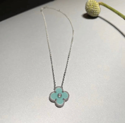 [Charm Aries Jewelry]CLOVER 1 DIAMOND LIGHT BLUE SILVER NECKLACE