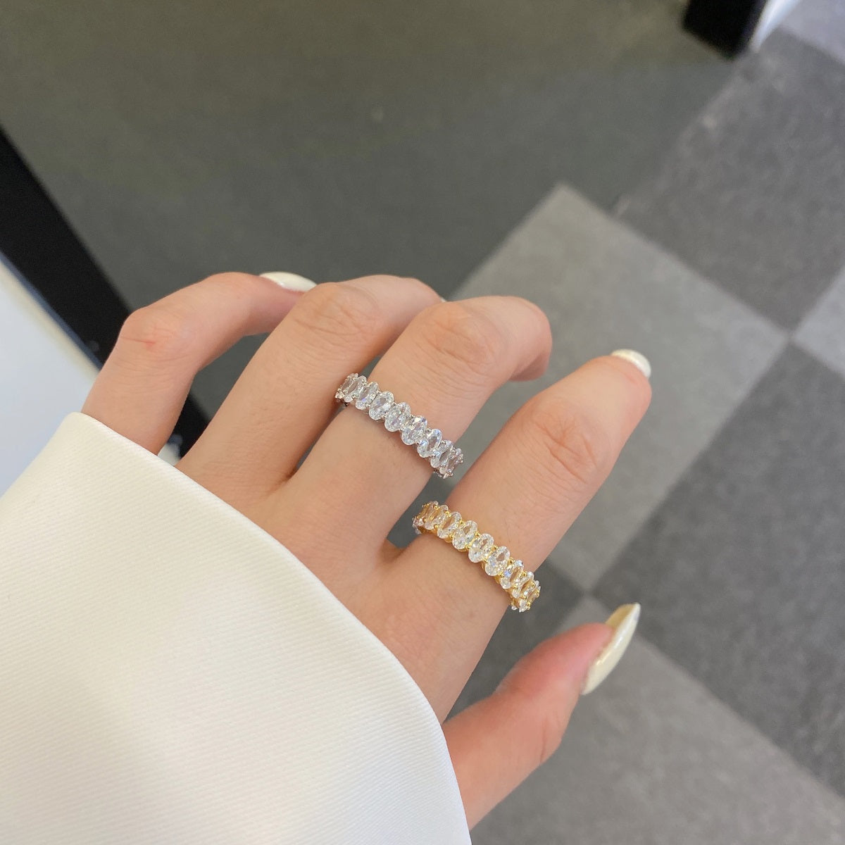 [Charm Aries Jewelry]Ornate Oval Cut Tennis Ring