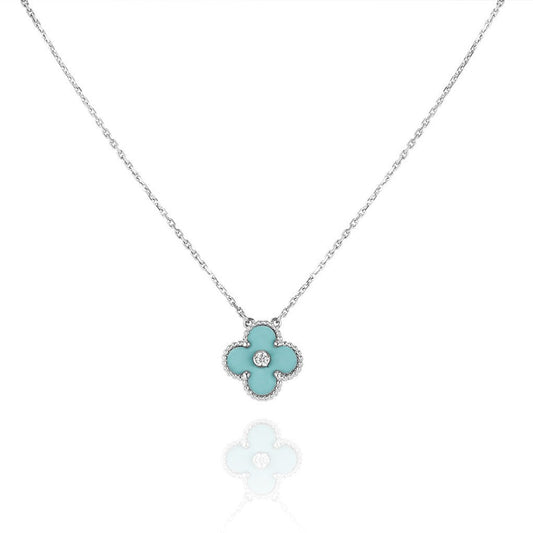 [Charm Aries Jewelry]CLOVER 1 DIAMOND LIGHT BLUE SILVER NECKLACE