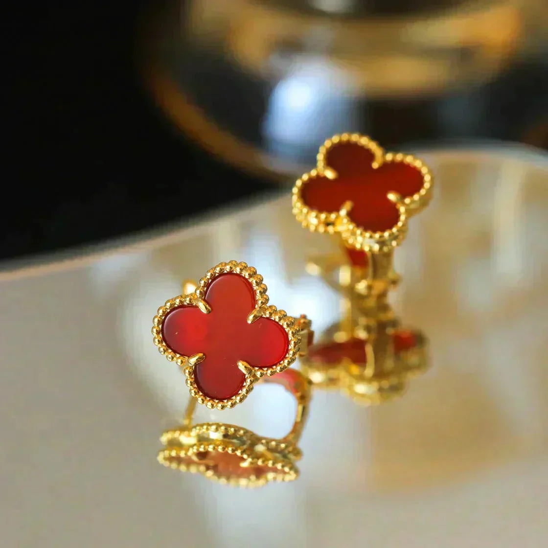 [Charm Aries Jewelry]CLOVER MEDIUM 1 MOTIFS CARNELIAN  EARRINGS