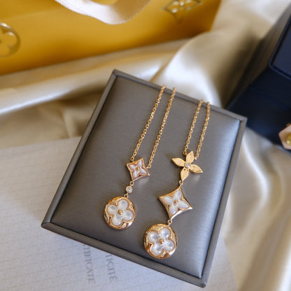 [Charm Aries Jewelry]COLOR BLOSSOM LARIAT NECKLACE PINK GOLD WHITE MOTHER PEARL AND DIAMOND