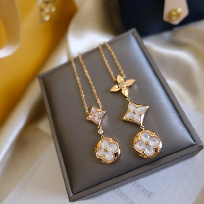 [Charm Aries Jewelry]COLOR BLOSSOM LARIAT NECKLACE PINK GOLD WHITE MOTHER PEARL AND DIAMOND