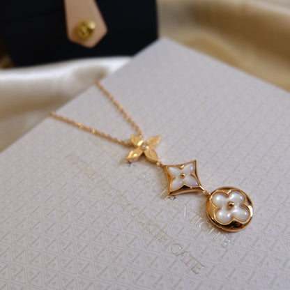 [Charm Aries Jewelry]COLOR BLOSSOM LARIAT NECKLACE PINK GOLD WHITE MOTHER PEARL AND DIAMOND
