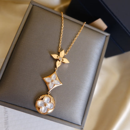 [Charm Aries Jewelry]COLOR BLOSSOM LARIAT NECKLACE PINK GOLD WHITE MOTHER PEARL AND DIAMOND