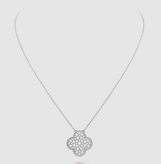 [Charm Aries Jewelry]CLOVER 25MM LARGE PENDANT DIAMOND PAVED SILVER NECKLACE