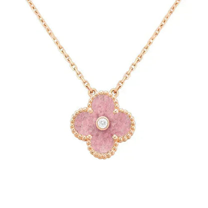 [Charm Aries Jewelry]CLOVER 15MM DIAMOND RHODONITE NECKLACE