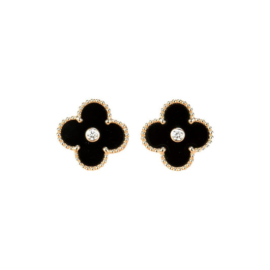 [Charm Aries Jewelry]CLOVER MEDIUM 1 MOTIFS ONYX DIAMOND EARRINGS