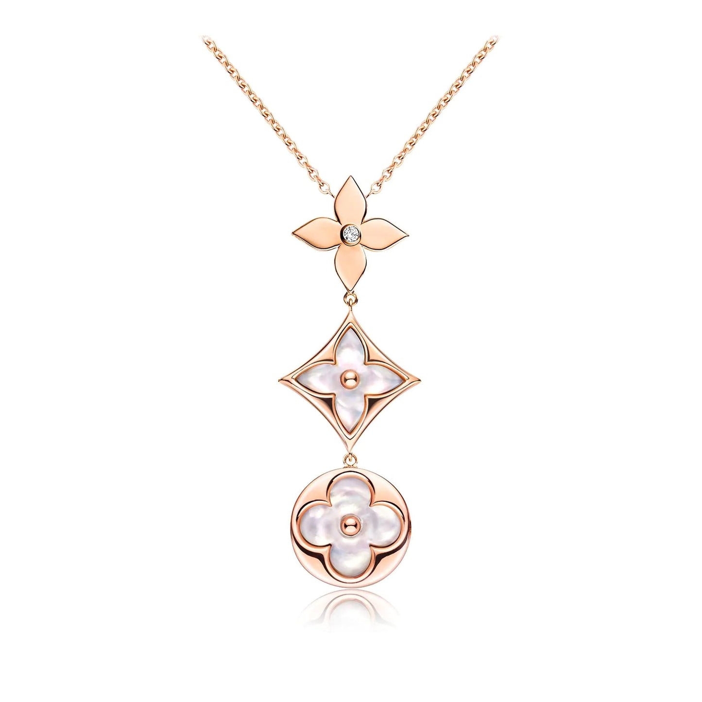 [Charm Aries Jewelry]COLOR BLOSSOM LARIAT NECKLACE PINK GOLD WHITE MOTHER PEARL AND DIAMOND