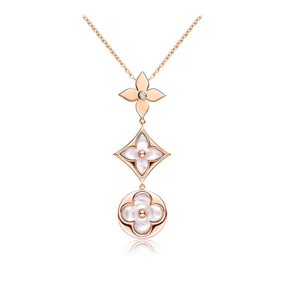 [Charm Aries Jewelry]COLOR BLOSSOM LARIAT NECKLACE PINK GOLD WHITE MOTHER PEARL AND DIAMOND