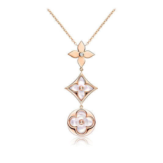 [Charm Aries Jewelry]COLOR BLOSSOM LARIAT NECKLACE PINK GOLD WHITE MOTHER PEARL AND DIAMOND