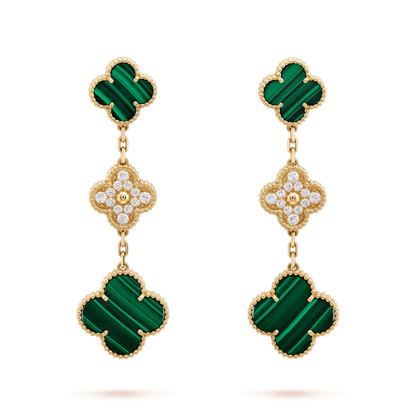 [Charm Aries Jewelry]CLOVER EARRINGS GOLD MALACHITE DIAMOND 3 MOTIF