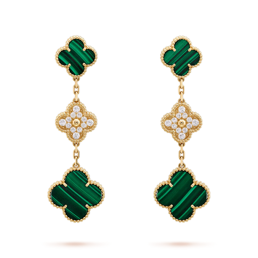 [Charm Aries Jewelry]CLOVER EARRINGS GOLD MALACHITE DIAMOND 3 MOTIF