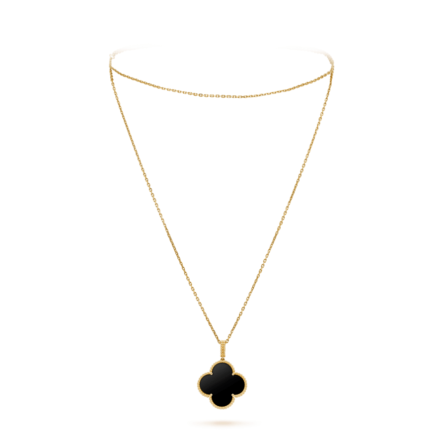 [Charm Aries Jewelry]CLOVER 25MM GOLD ONYX BIG CLOVER NECKLACE