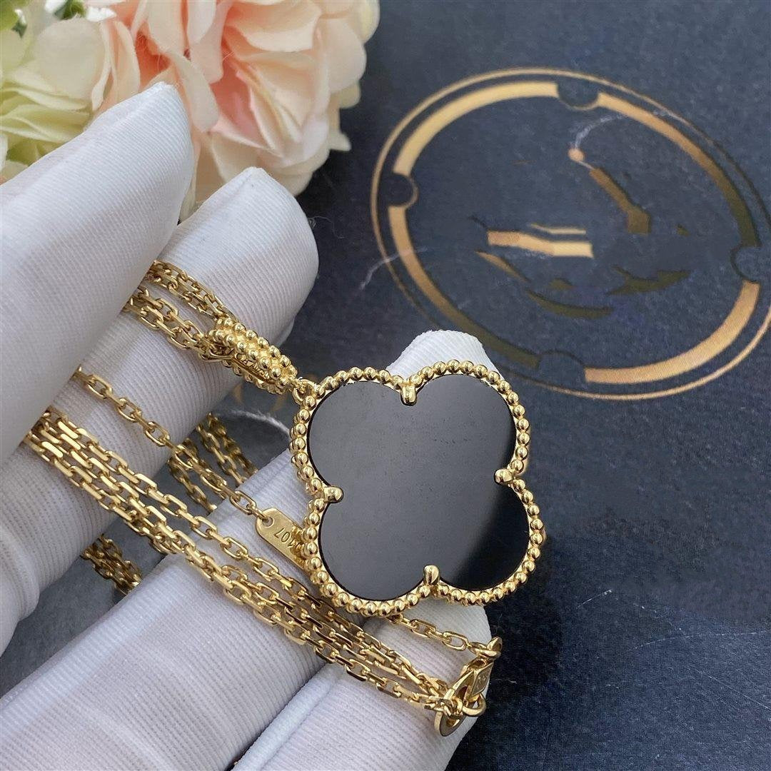 [Charm Aries Jewelry]CLOVER 25MM GOLD ONYX BIG CLOVER NECKLACE
