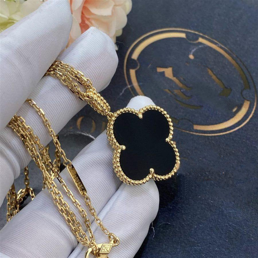 [Charm Aries Jewelry]CLOVER 25MM GOLD ONYX BIG CLOVER NECKLACE