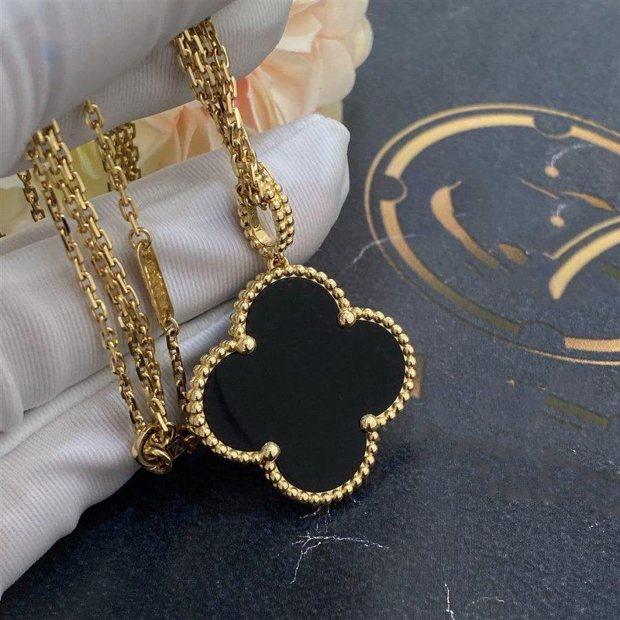 [Charm Aries Jewelry]CLOVER 25MM GOLD ONYX BIG CLOVER NECKLACE