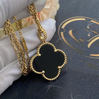 [Charm Aries Jewelry]CLOVER 25MM GOLD ONYX BIG CLOVER NECKLACE