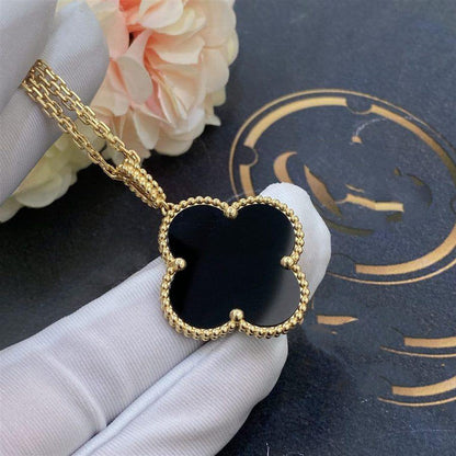 [Charm Aries Jewelry]CLOVER 25MM GOLD ONYX BIG CLOVER NECKLACE