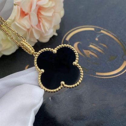 [Charm Aries Jewelry]CLOVER 25MM GOLD ONYX BIG CLOVER NECKLACE