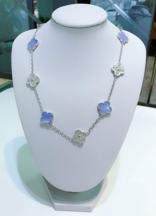 [Charm Aries Jewelry]CLOVER 10 MOTIFS CHALCEDONY DIAMONDS SILVER NECKLACE