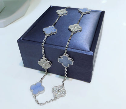 [Charm Aries Jewelry]CLOVER 10 MOTIFS CHALCEDONY DIAMONDS SILVER NECKLACE