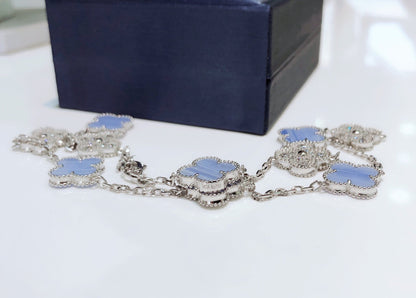[Charm Aries Jewelry]CLOVER 10 MOTIFS CHALCEDONY DIAMONDS SILVER NECKLACE