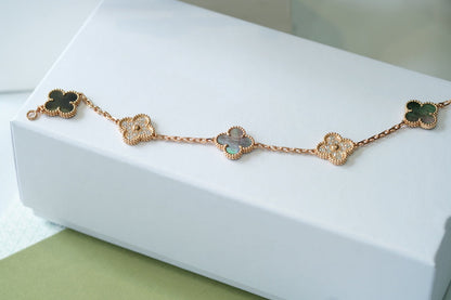 [Charm Aries Jewelry]CLOVER 5 MOTIFS DARK MOP AND DIAMONDS PINK GOLD BRACELET