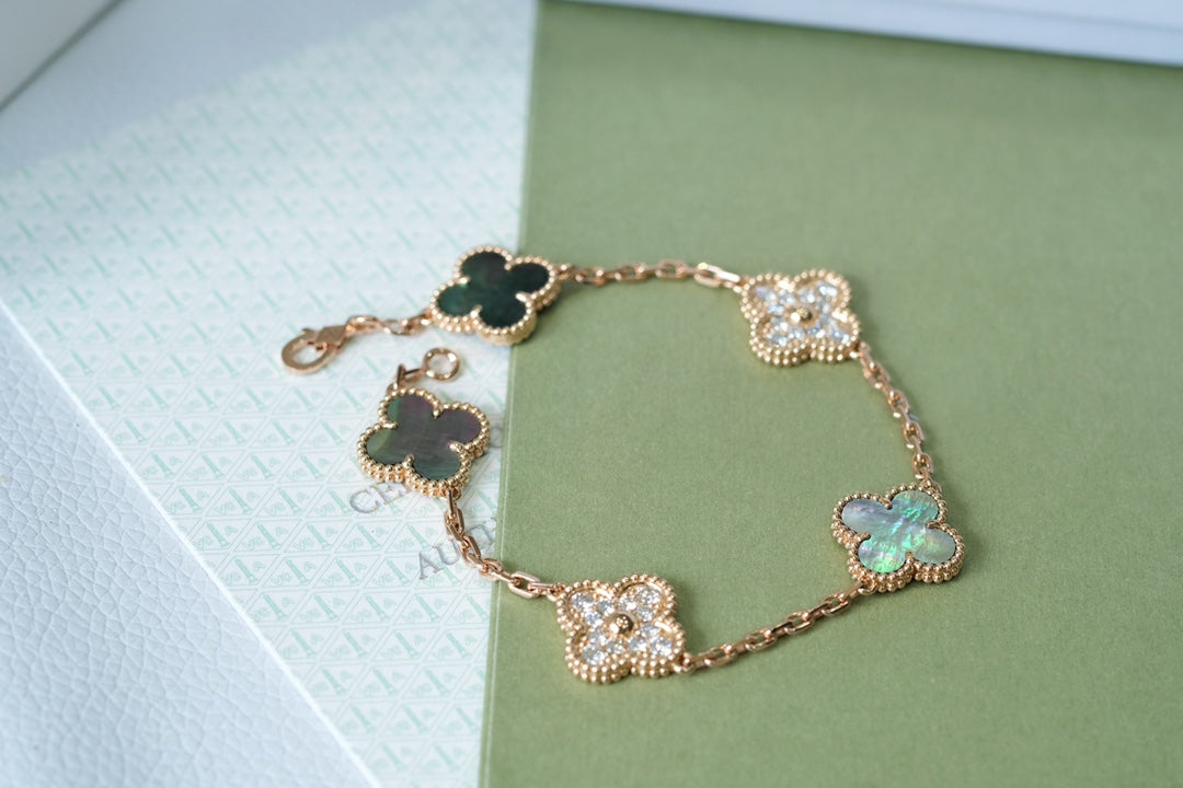 [Charm Aries Jewelry]CLOVER 5 MOTIFS DARK MOP AND DIAMONDS PINK GOLD BRACELET